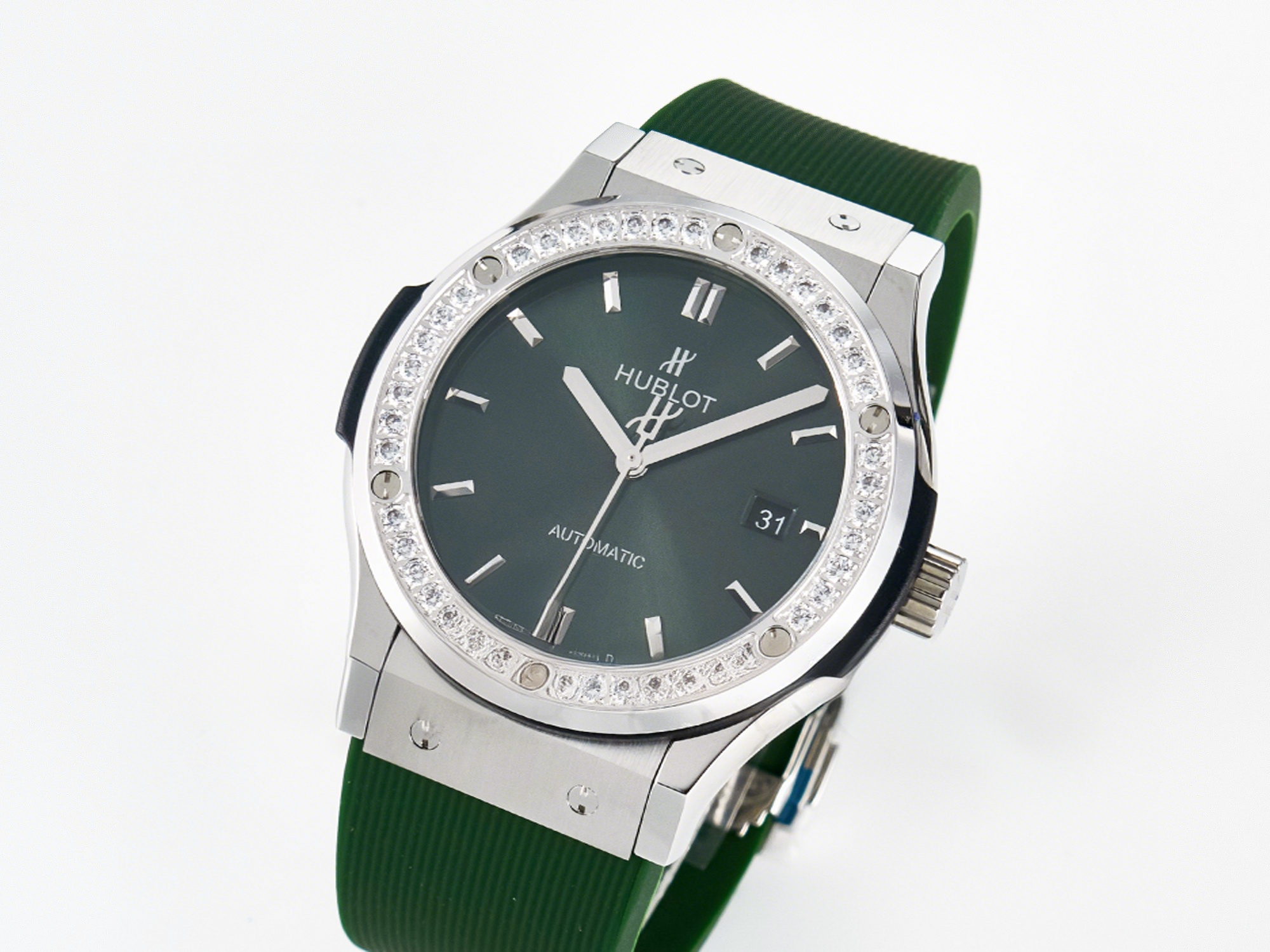 Hublot Classic Fusion Bang 42mm HBF 1:1 Best Edition Green Dial Diamonds Bezel on Green Rubber Strap A2892-fasswatch