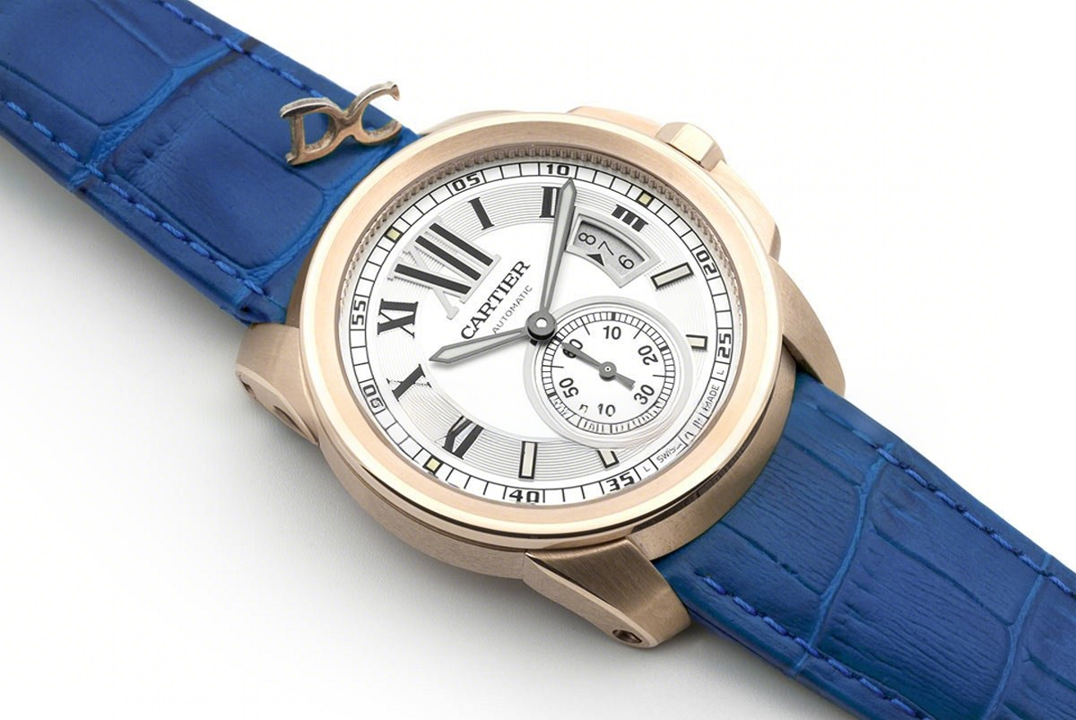 Calibre de Cartier White Dial in Rose Gold on Blue Leather Strap-fasswatch