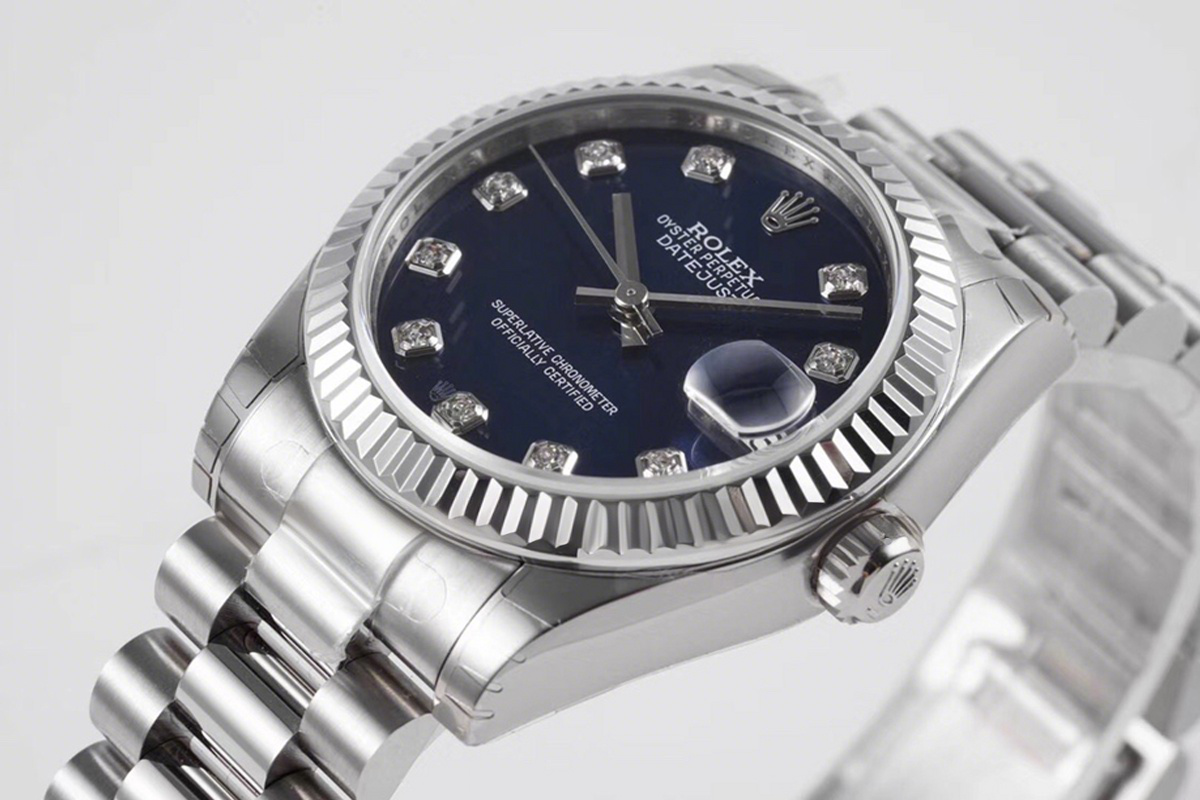 Rolex Datejust 31 Blue Dial Diamond Markers in Steel on President Bracelet-fasswatch