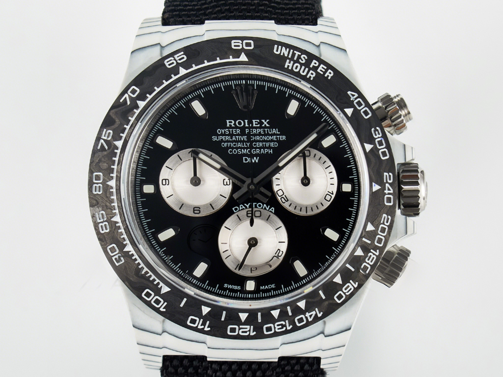 Rolex Daytona DIW White Carbon Case N6F Edition Black/White Dial on Black Nylon Strap A4130-fasswatch