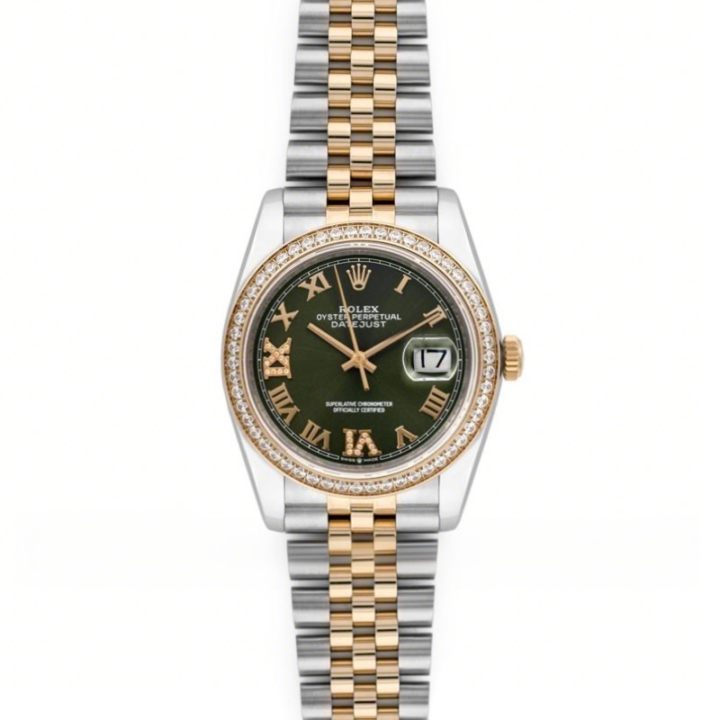 Rolex Datejust 36 126283RBR Olive Green Dial in Yellow Gold and Steel with Diamond Set Bezel and Diamond Roman Numerals Markers-fasswatch
