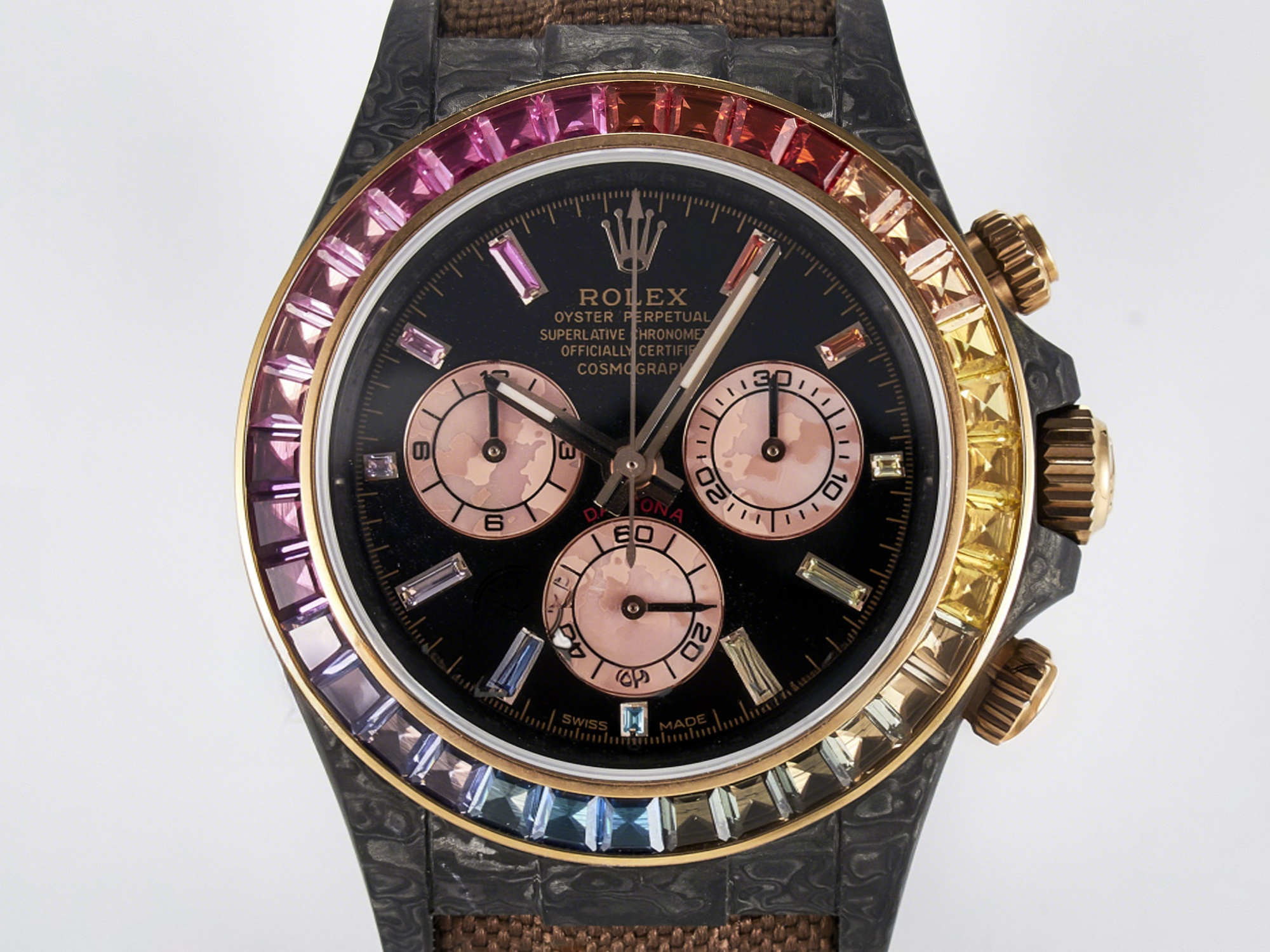 Rolex Daytona DIW Carbon Case DIWF Edition Black Dial Rainbow Diamonds Bezel on Brown Nylon Strap A7750-fasswatch