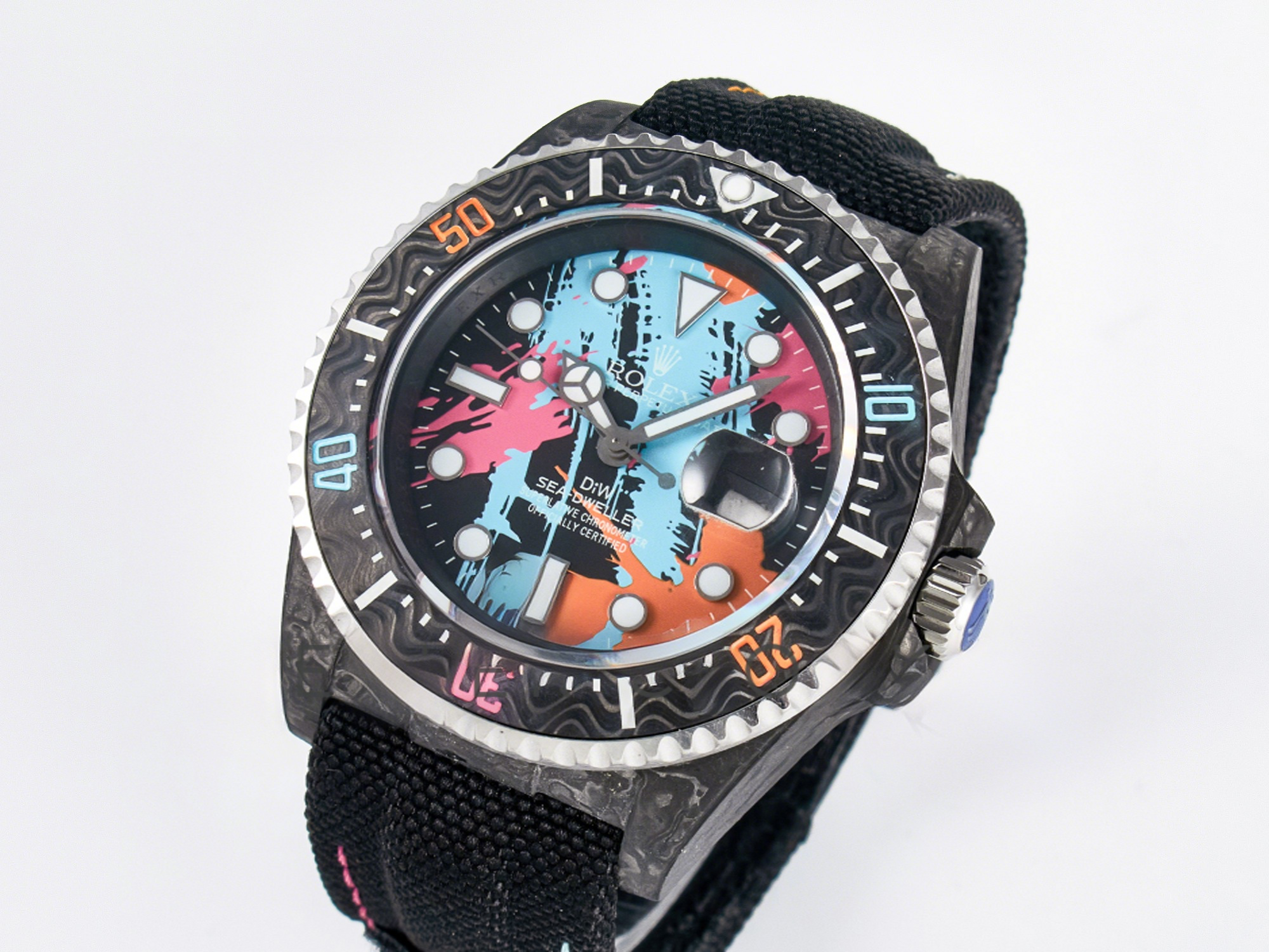 Rolex Sea Dweller 43mm Carbon DIWF Best Edition Graffiti Dial on Black Nylon Strap A2824-fasswatch
