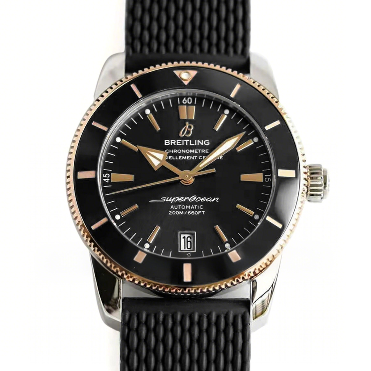 Breitling Superocean Heritage II B20 Automatic 42mm in Black Dial on Black and Rose Gold Bezel on Rubber Strap-fasswatch