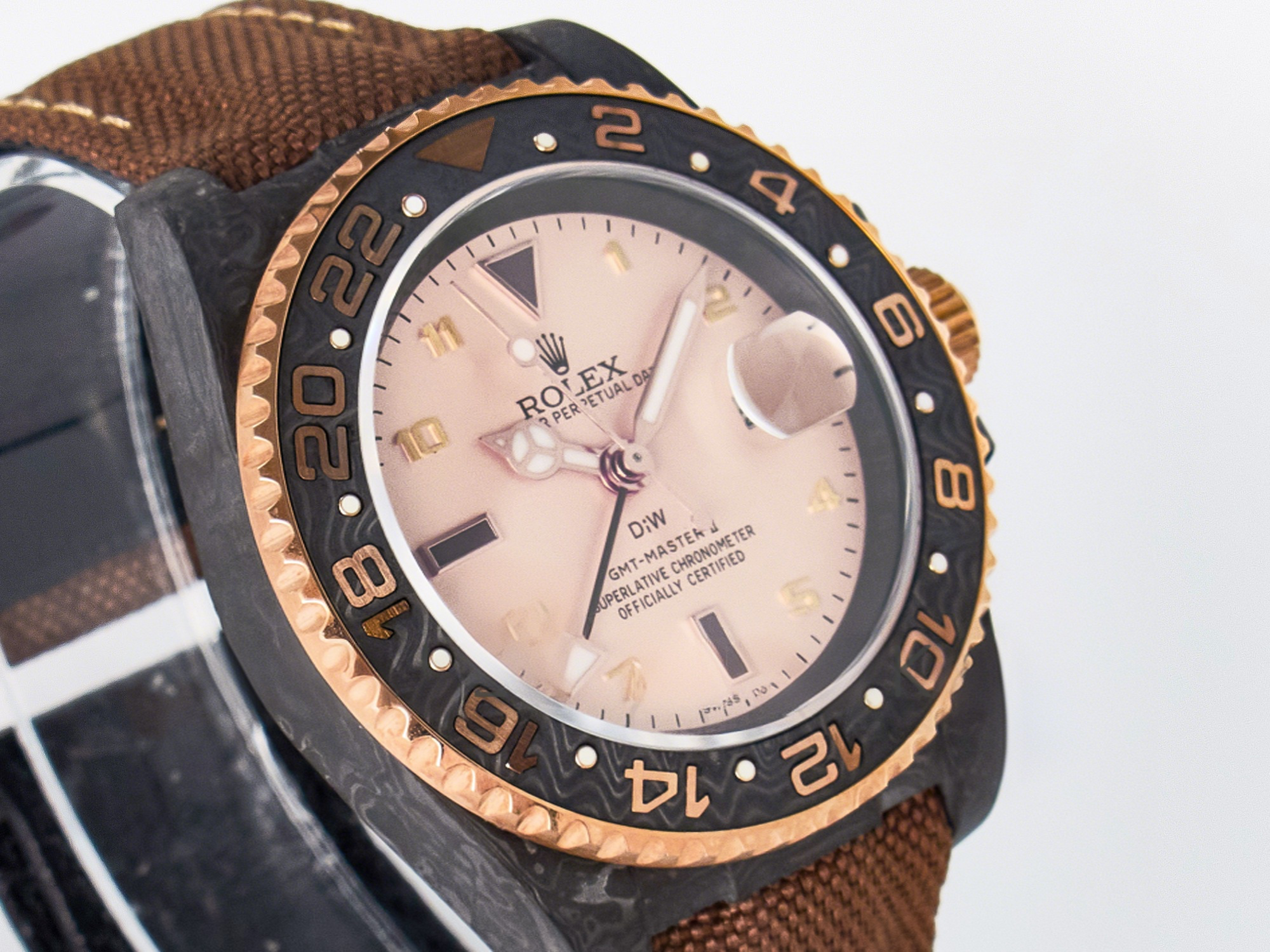 Rolex GMT Carbon DIWF Best Edition Yellow Roman Dial on Brown Nylon Strap SA3285 CHS V2-fasswatch