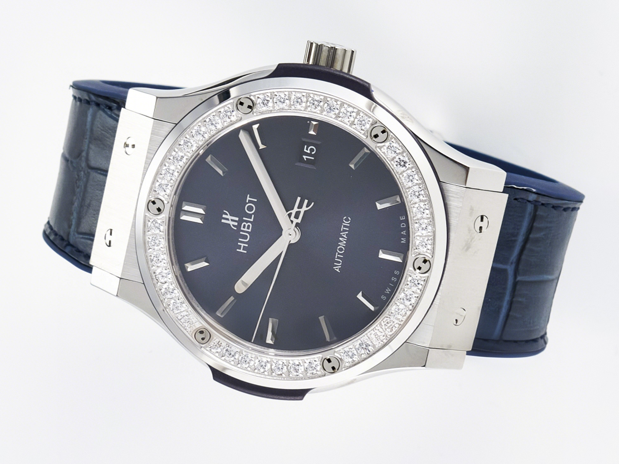Hublot Classic Fusion Bang 42mm HBF 1:1 Best Edition Blue Dial Diamonds Bezel on Blue Leather Strap A2892-fasswatch