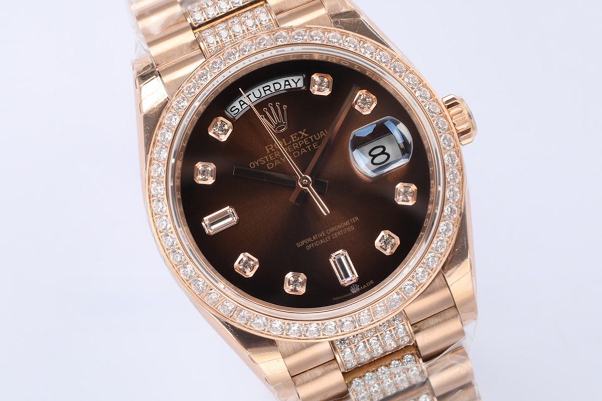 Rolex Day-Date 36 128345RBR Brown Dial with Diamond Bezel in Everose Gold-fasswatch