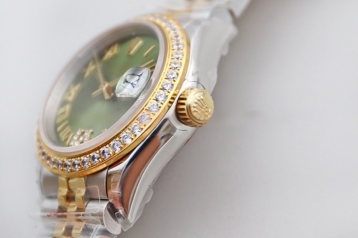 Rolex Ladies Datejust 279383RBR Green Dial with Diamond Bezel in Yellow Gold/Steel-fasswatch