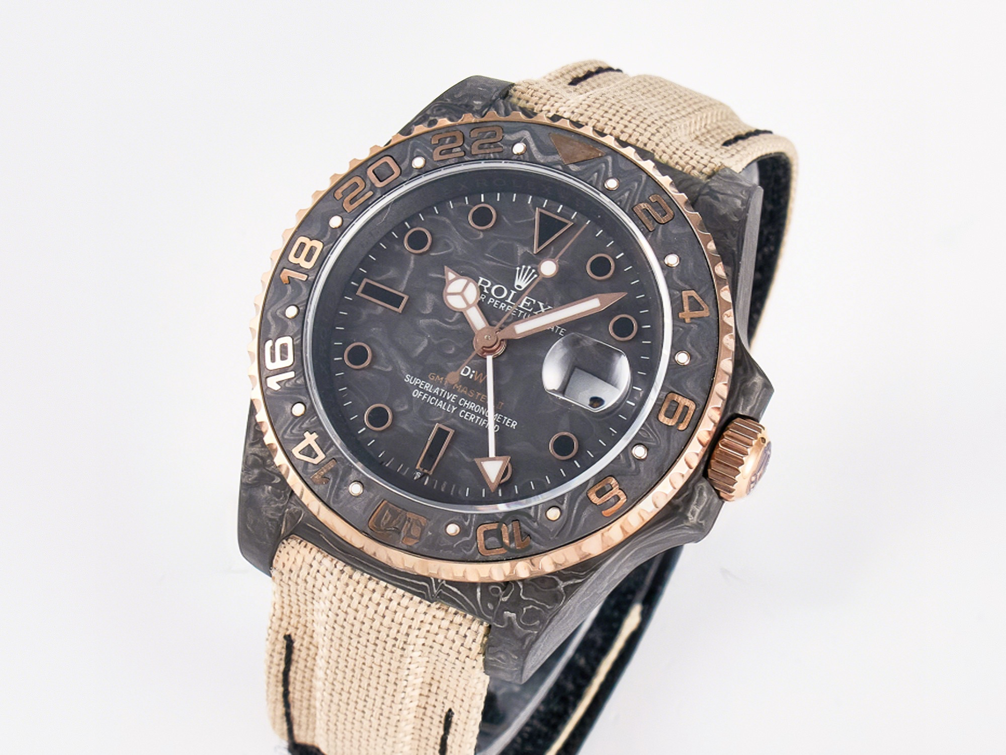 Rolex GMT Carbon DIWF Best Edition Black Carbon Dial RG Markers on Beige Nylon Strap SA3186 CHS-fasswatch