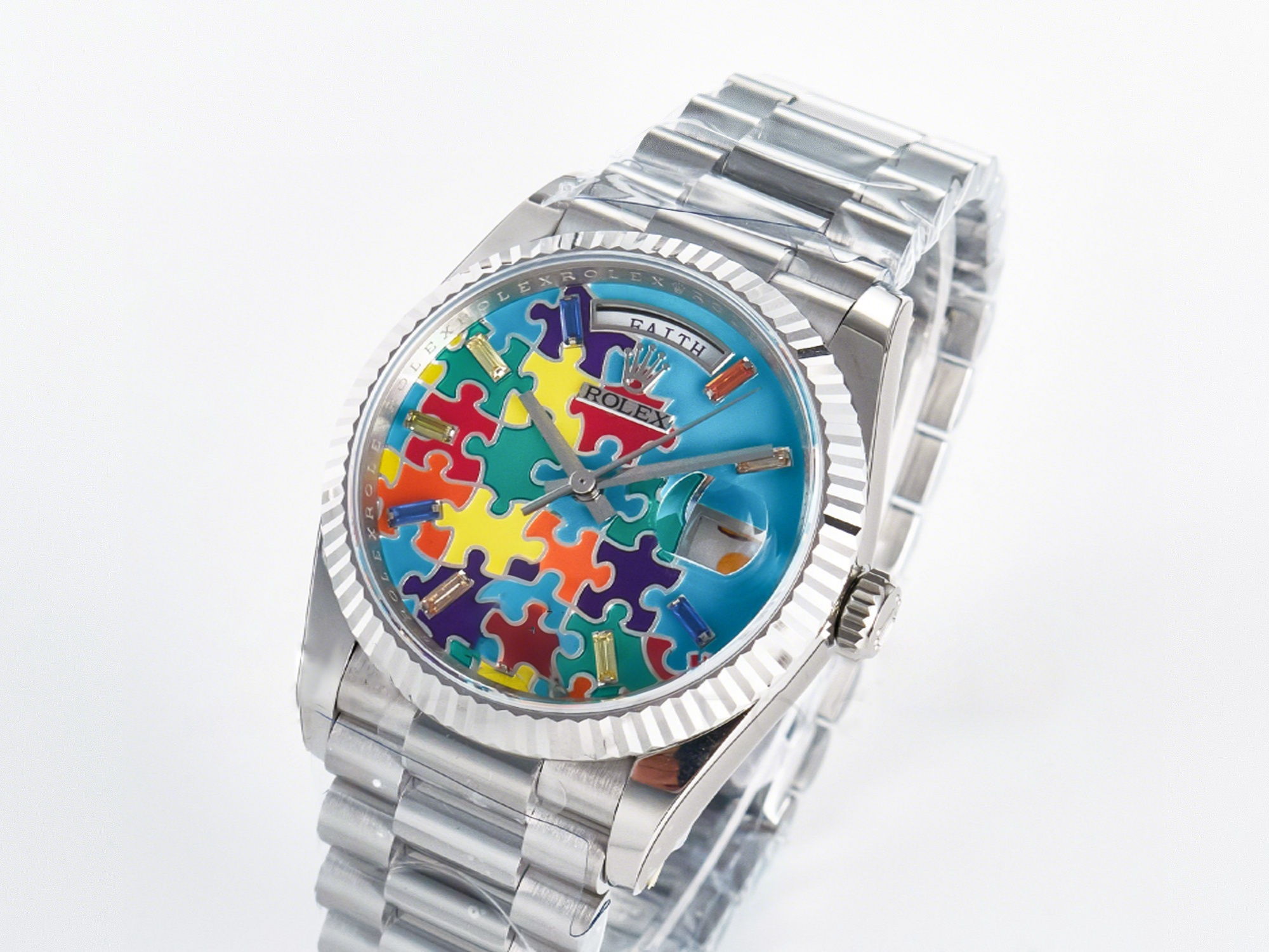 Rolex Daydate 128239 36mm Colour Jigsaw Puzzle SS QHF Best Edition Turquoise Blue Dial on SS President Bracelet A2834-fasswatch