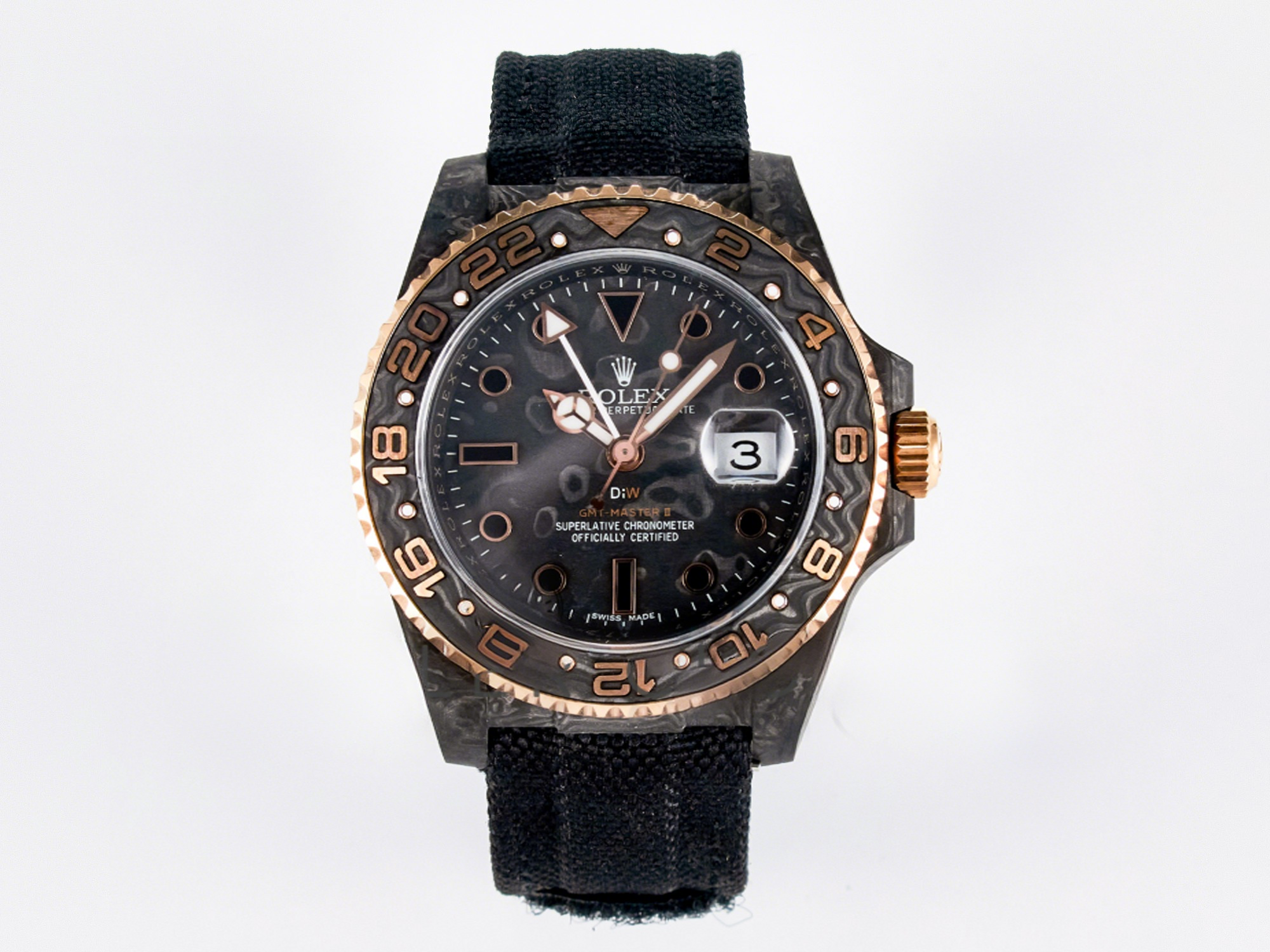 Rolex GMT Carbon DIWF Best Edition Black Carbon Dial RG Markers on Black Nylon Strap SA3186 CHS-fasswatch