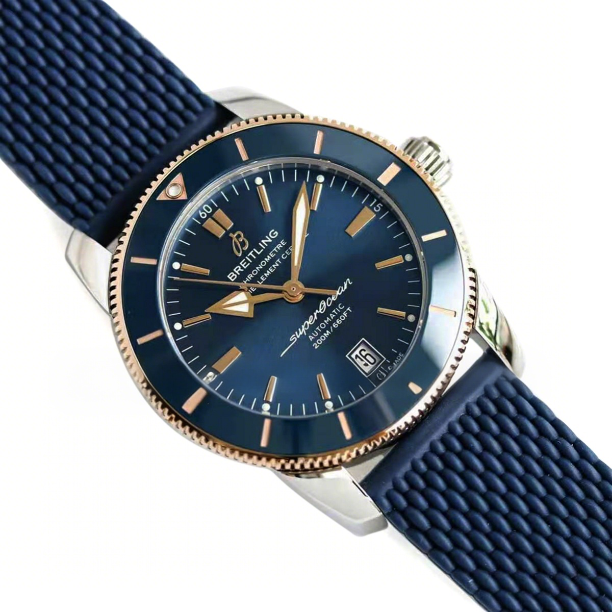 Breitling Superocean Heritage II B20 Automatic 42mm in Blue Dial on Blue and Rose Gold Bezel on Rubber Strap-fasswatch
