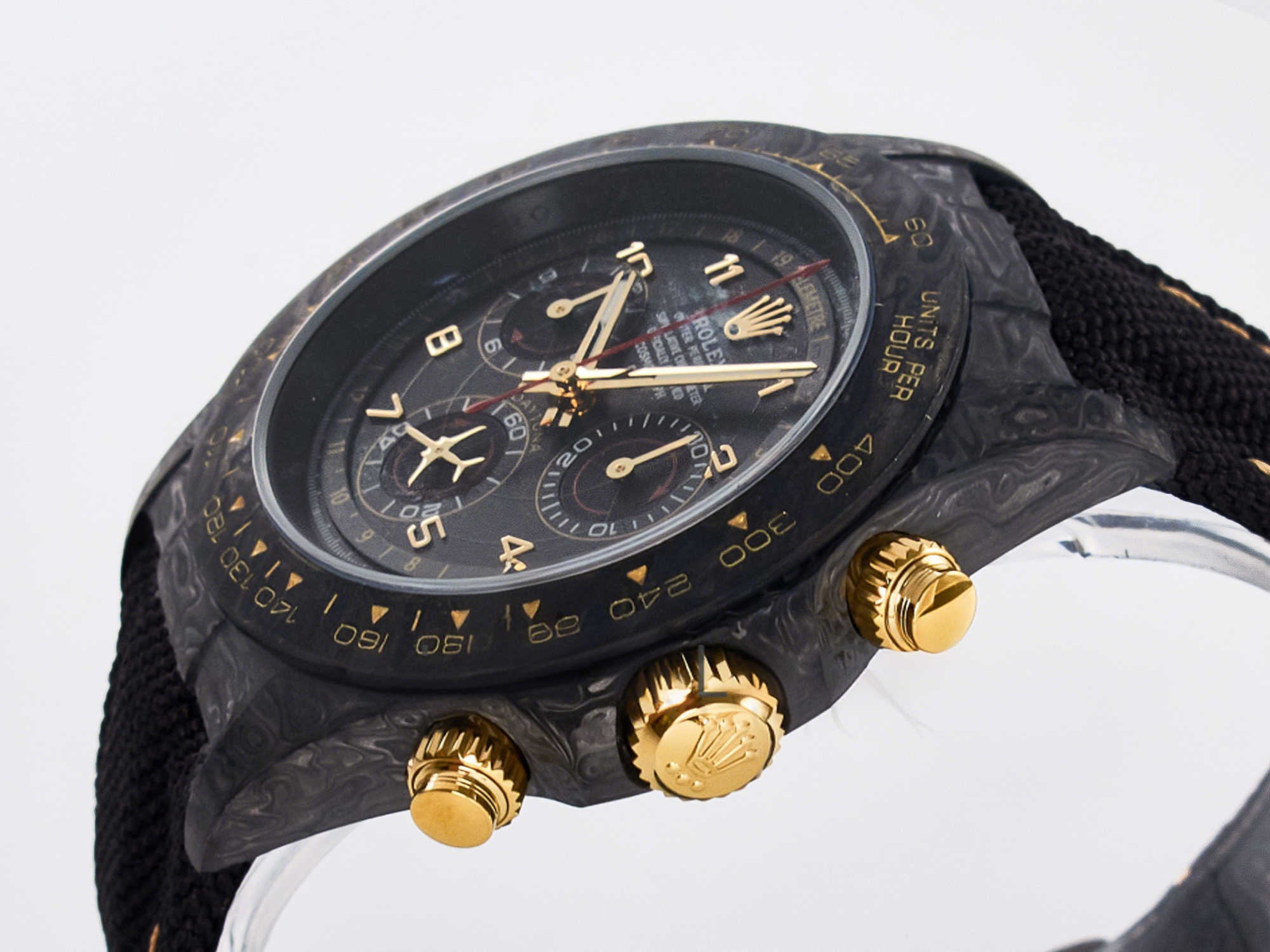 Rolex Daytona DIW “AVIA BLACK” Carbon DIWF 1:1 Best Edition Black/Red Dial on Black/Yellow Nylon Strap SH4130-fasswatch