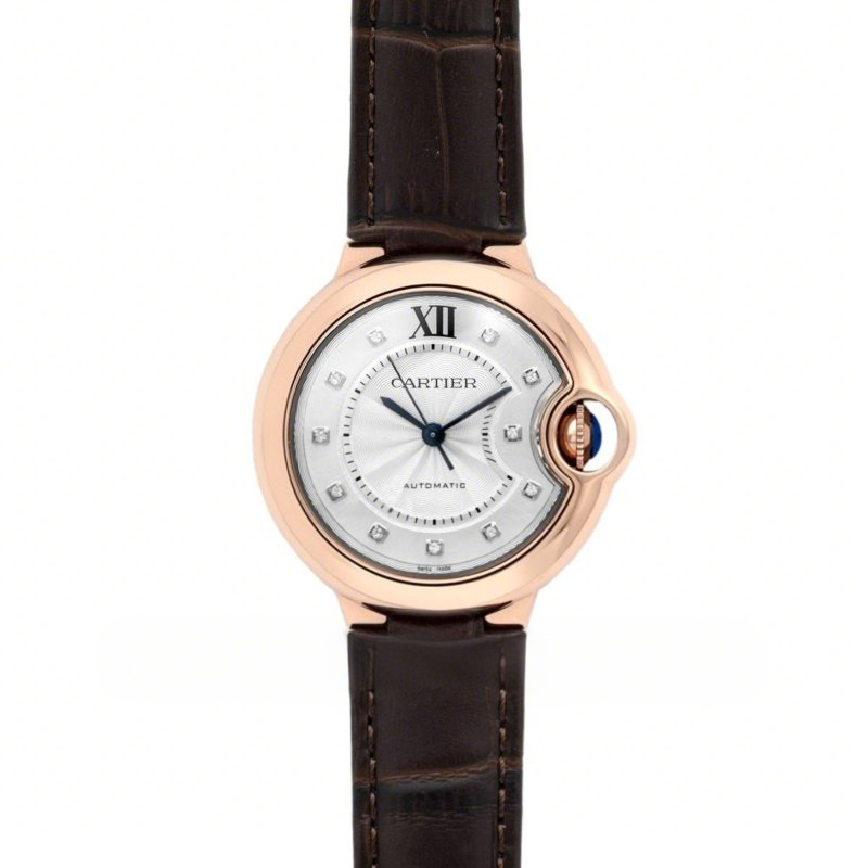 Cartier Ballon Bleu De Cartier 36mm White Dial with Diamond Markers in Pink Gold on Brown Leather Strap-fasswatch