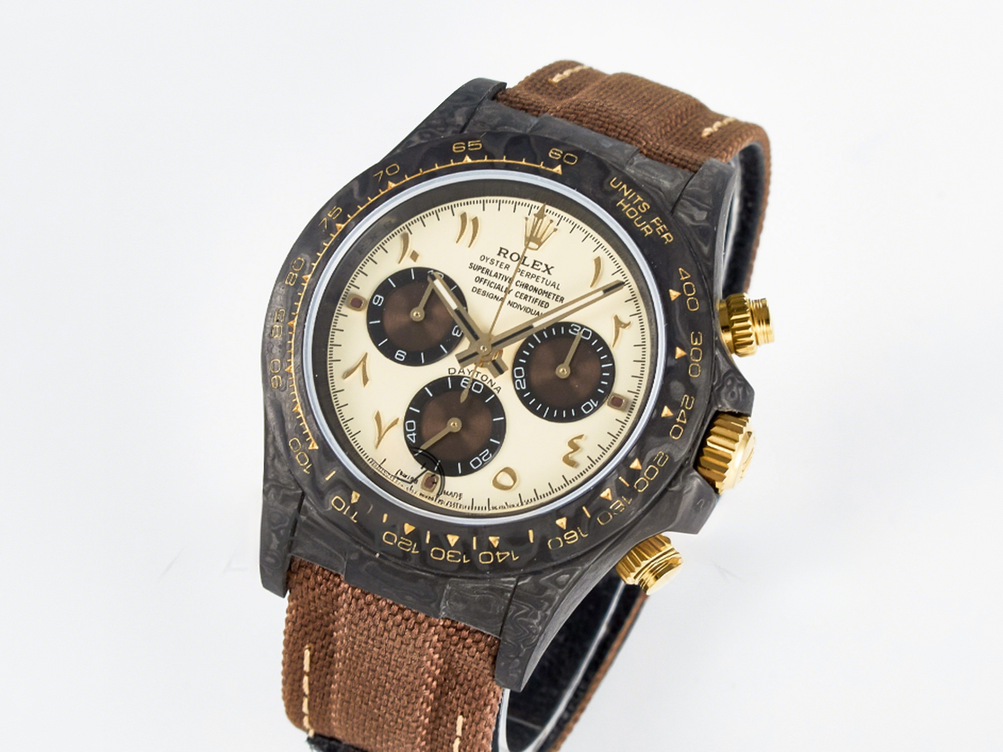 Rolex Daytona DIW Carbon Case and Bezel DIWF Edition Yellow Arabic Dial on Brown Nylon Strap A7750-fasswatch