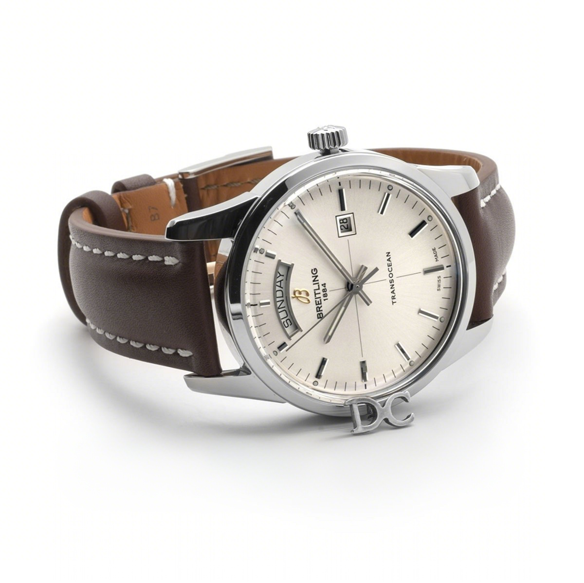 Breitling Transoccean Day & Date Silver Dial in Steel on Leather Strap-fasswatch