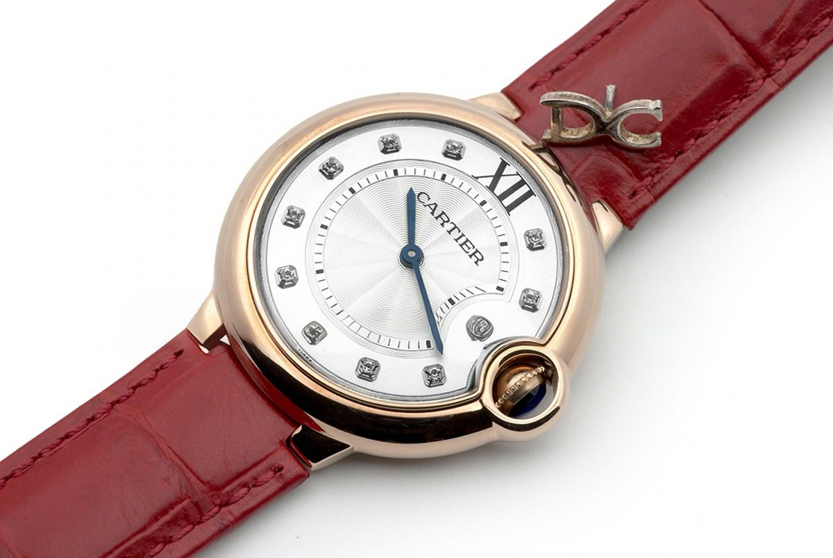 Ballon Bleu de Cartier 33mm White Dial in Rose Gold on Red Leather Strap-fasswatch
