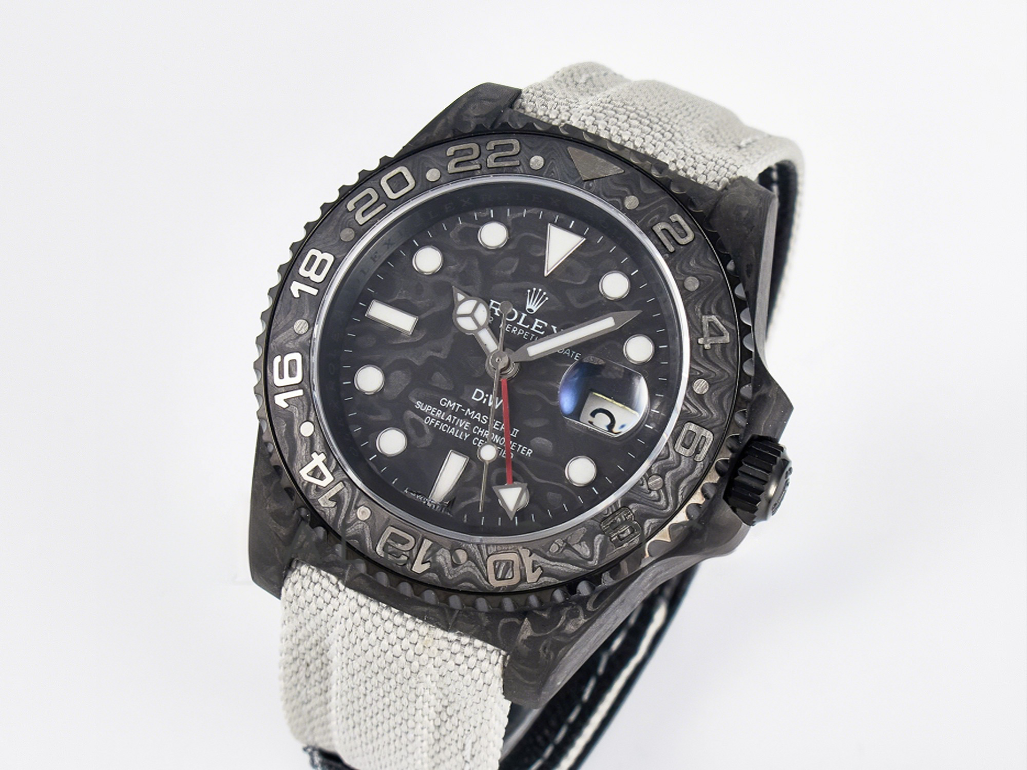 Rolex GMT Carbon DIWF Best Edition Black Carbon Dial SS Markers on White Nylon Strap SA3285 CHS V2-fasswatch