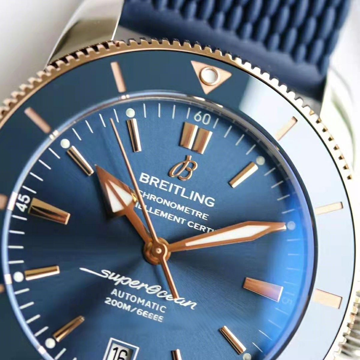 Breitling Superocean Heritage II B20 Automatic 42mm in Blue Dial on Blue and Rose Gold Bezel on Rubber Strap-fasswatch