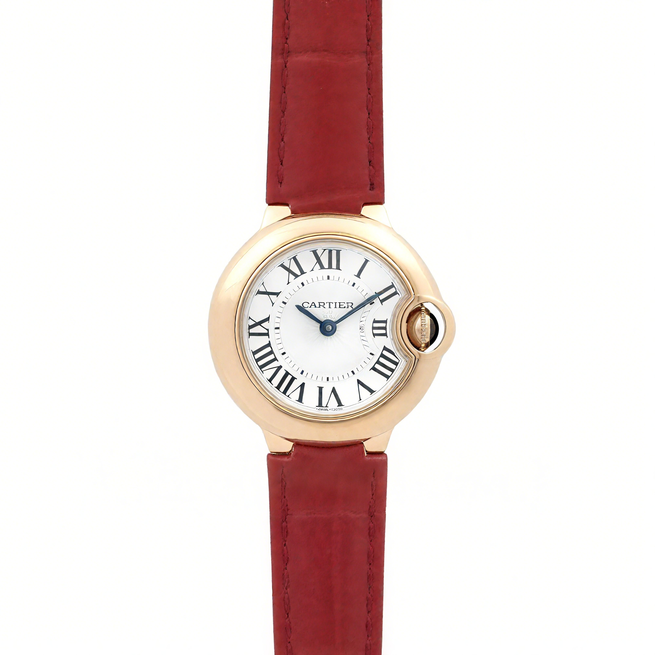 Ballon Bleu de Cartier 28mm White Dial in Gold on Red Leather Strap-fasswatch