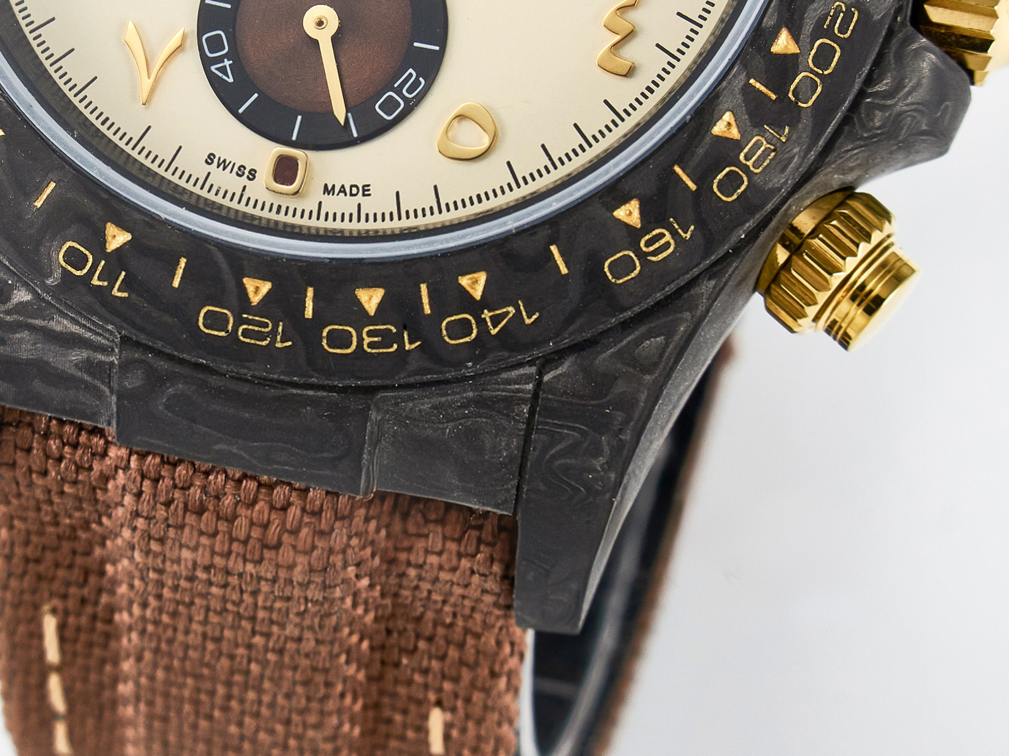 Rolex Daytona DIW Carbon Case and Bezel DIWF Edition Yellow Arabic Dial on Brown Nylon Strap A7750-fasswatch