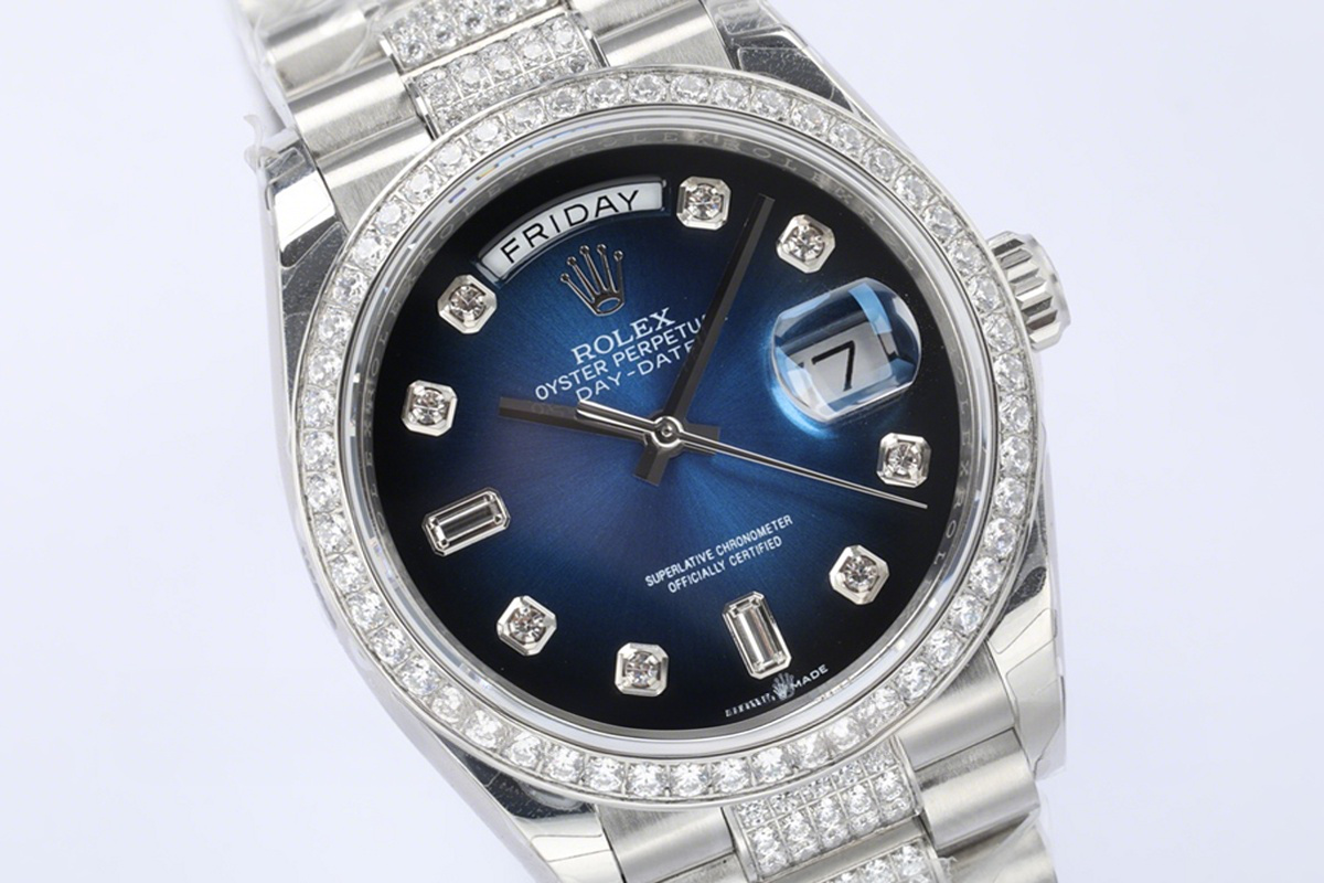 Rolex Day-Date 36 128349RBR Blue Dial with Diamond Bezel in White Gold-fasswatch
