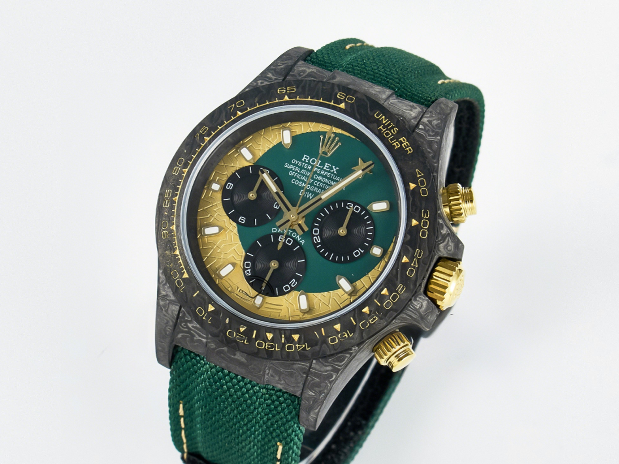 Rolex Daytona DIW Carbon Case and Bezel DIWF Edition Green/YG Dial on Green Nylon Strap A7750-fasswatch