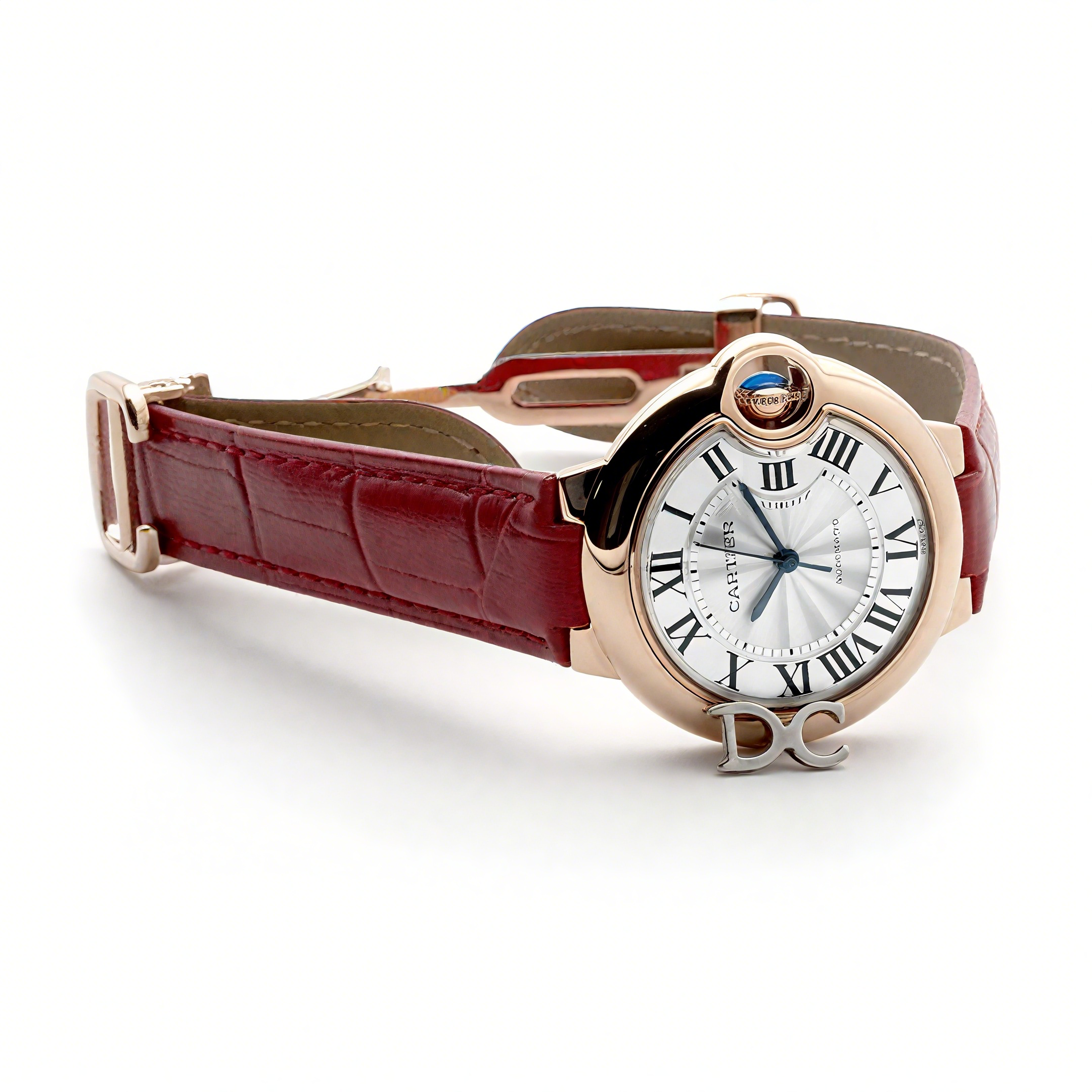 Cartier Ballon Bleu De Cartier 36mm Silver Dial in Pink Gold on Red Leather Strap-fasswatch