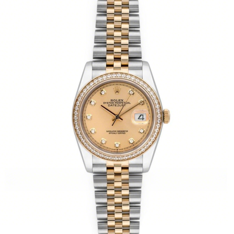 Rolex Datejust 36 126283RBR Champagne Dial in Yellow Gold and Steel with Diamond Set Bezel and Diamond Markers-fasswatch