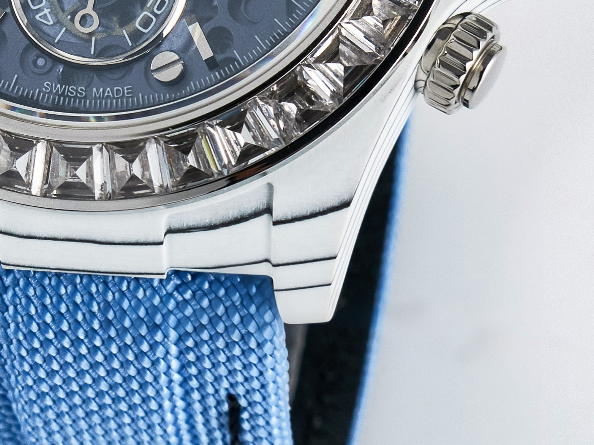 Rolex Daytona ZIF REMOULD White Carbon GETF Best Edition Blue Skeleton Dial Diamonds Bezel on Blue Nylon Strap DD4802-fasswatch