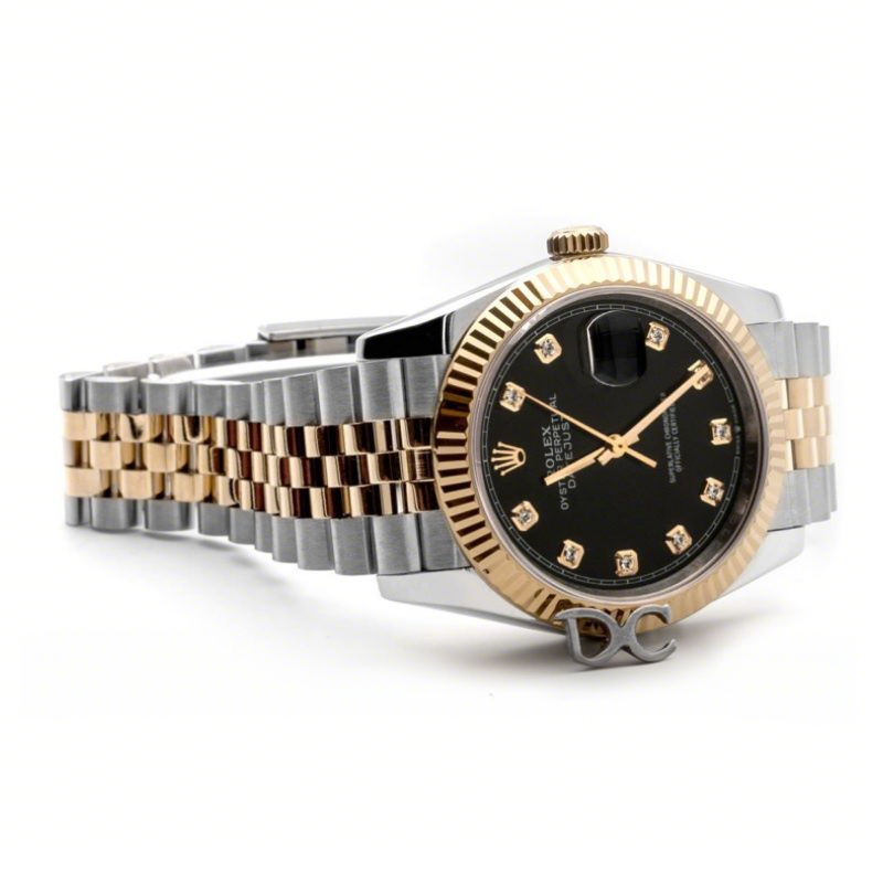 Rolex Datejust 36 126283RBR Black Dial in Yellow Gold and Steel with Diamond Markers-fasswatch