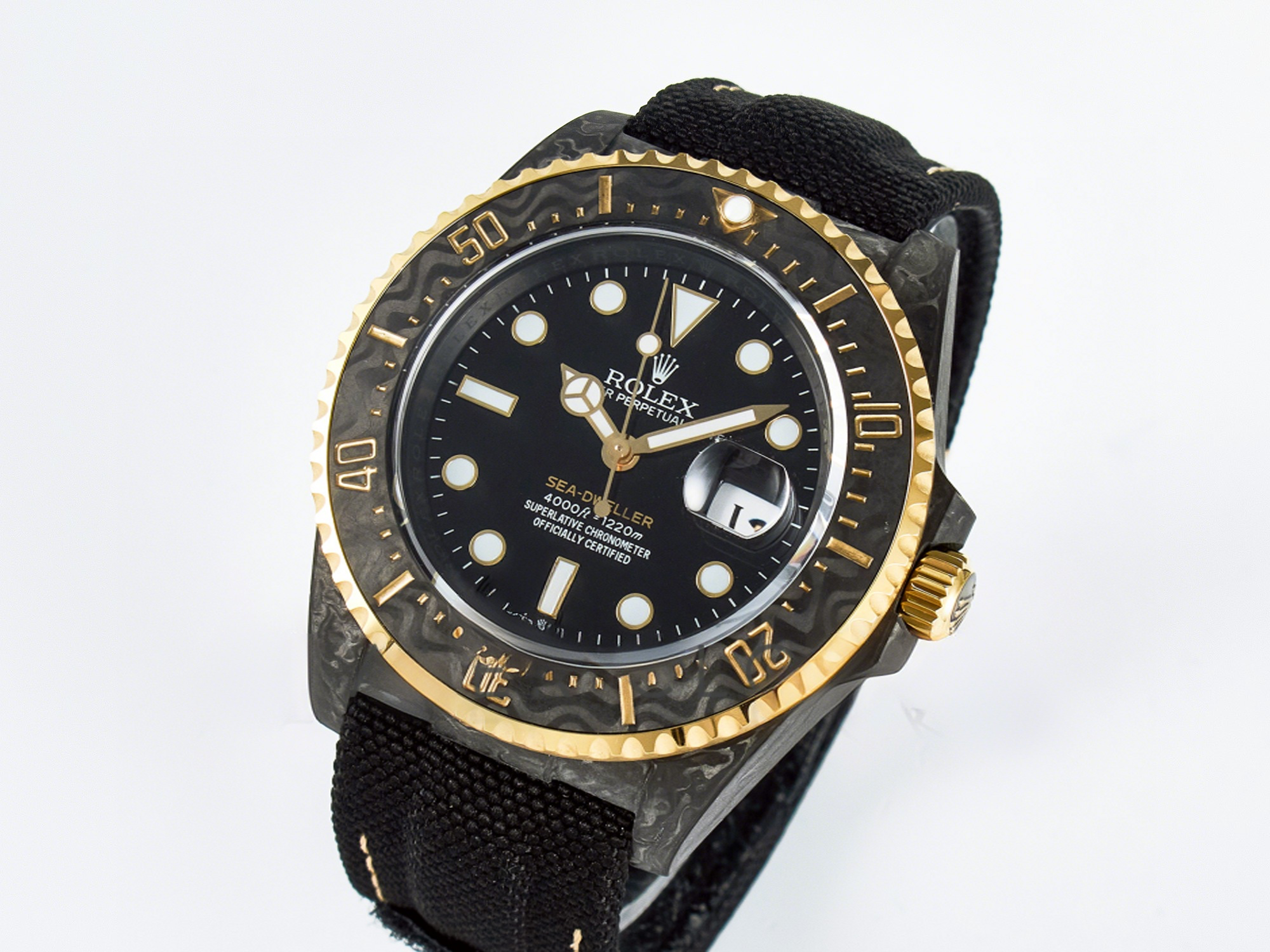 Rolex Sea Dweller 43mm Carbon DIWF Best Edition Black Dial YG Bezel on Black Nylon Strap A2824-fasswatch