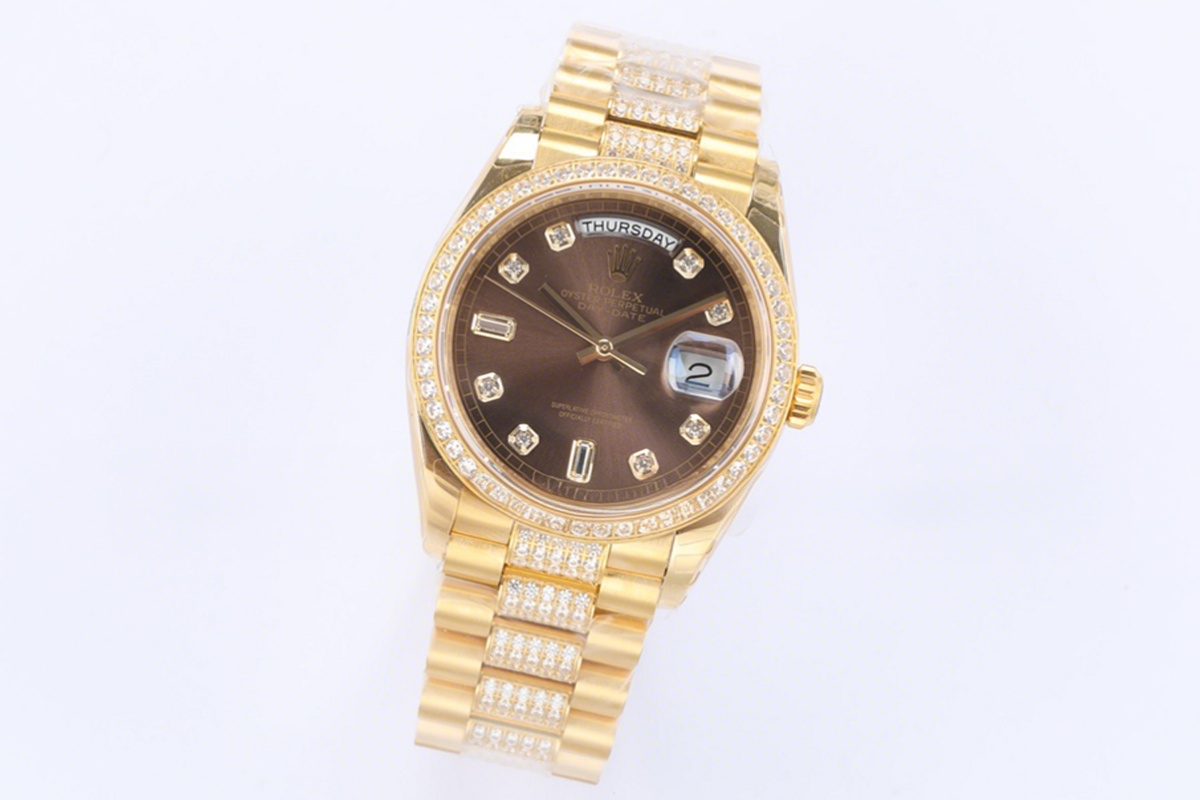 Rolex Day-Date 36 128348RBR Brown Dial with Diamond Bezel in Yellow Gold-fasswatch