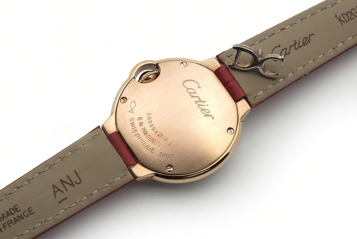 Ballon Bleu de Cartier 28mm White Dial in Gold with Diamonds on Red Leather Strap-fasswatch