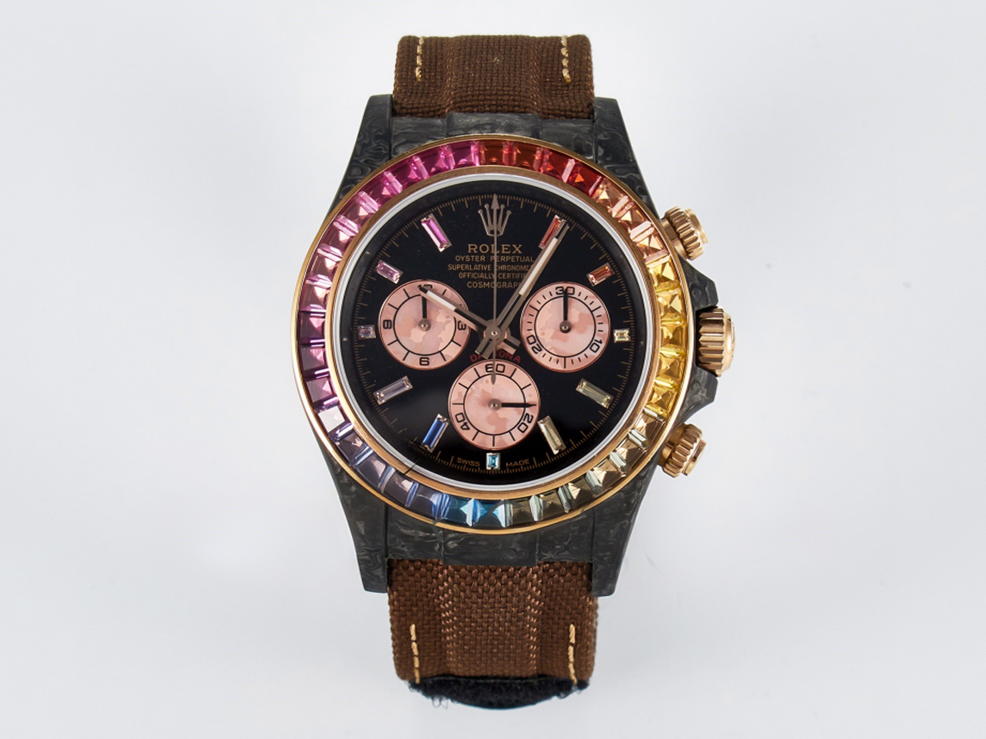 Rolex Daytona DIW Carbon Case DIWF Edition Black Dial Rainbow Diamonds Bezel on Brown Nylon Strap A7750-fasswatch