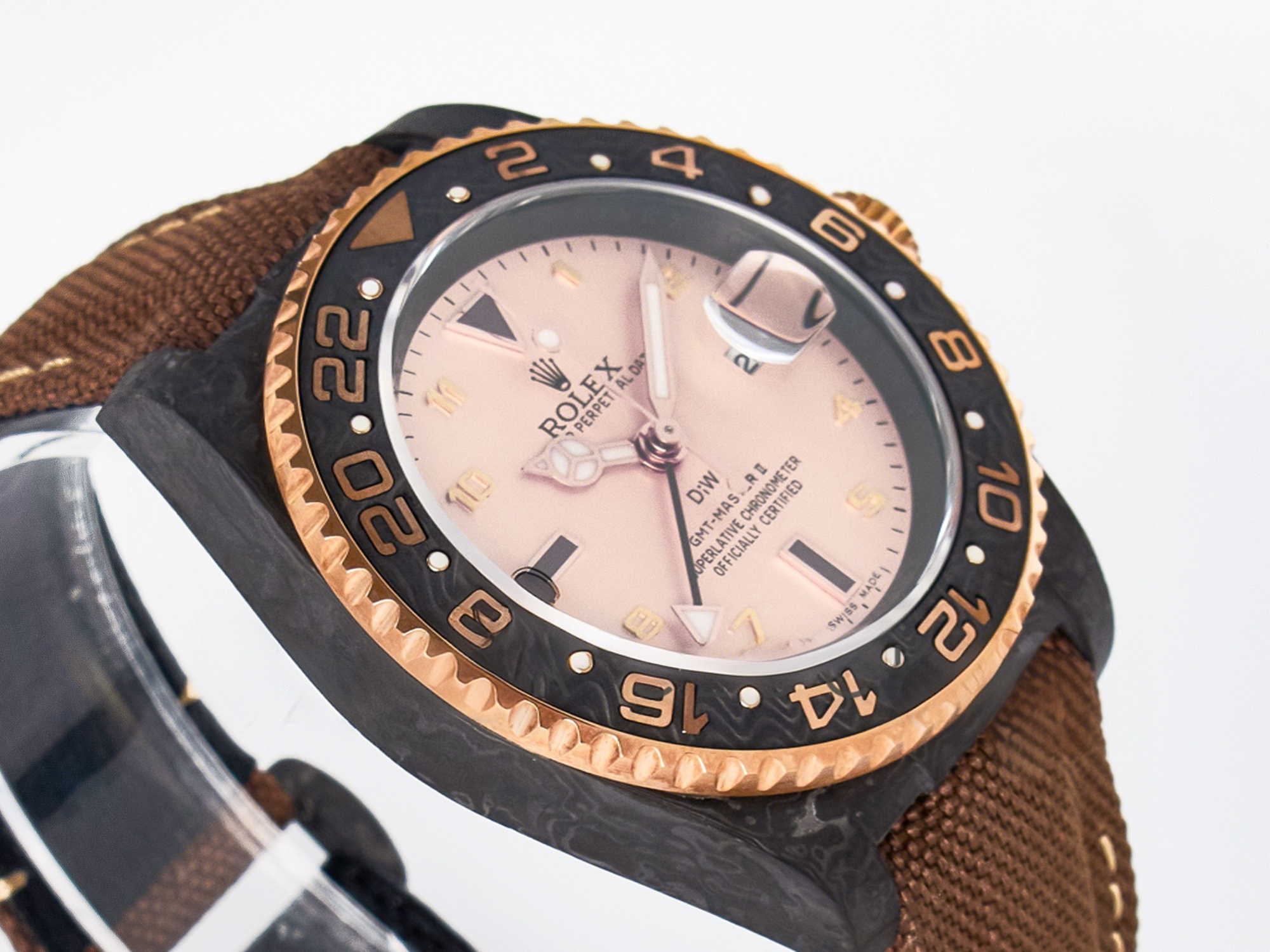 Rolex GMT Carbon DIWF Best Edition Yellow Roman Dial on Brown Nylon Strap SA3285 CHS V2-fasswatch