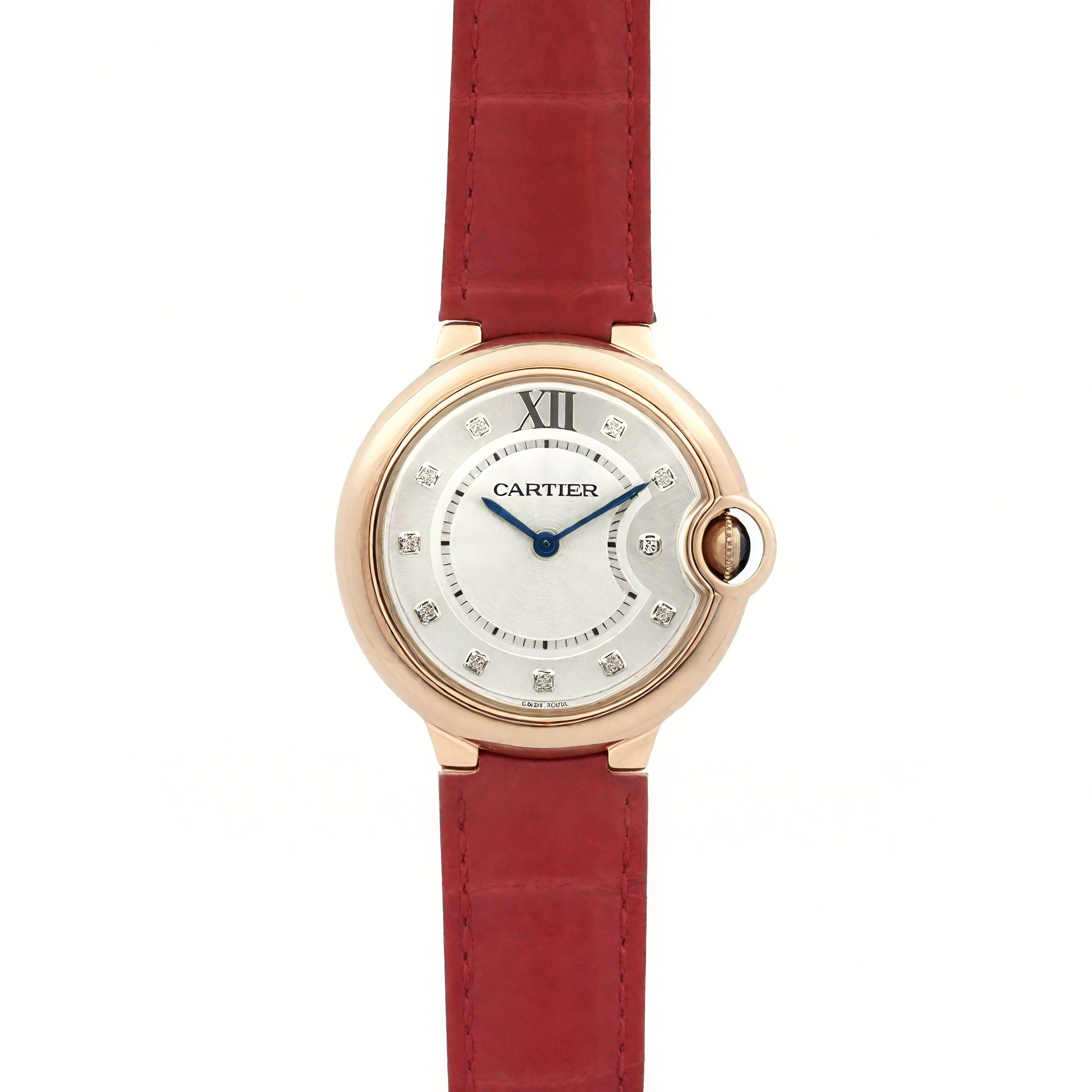 Ballon Bleu de Cartier 33mm White Dial in Rose Gold on Red Leather Strap-fasswatch