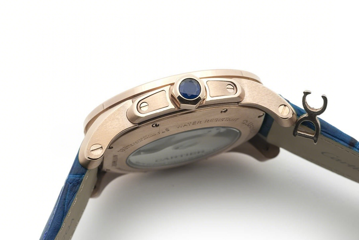 Calibre de Cartier White Dial in Rose Gold on Blue Leather Strap-fasswatch
