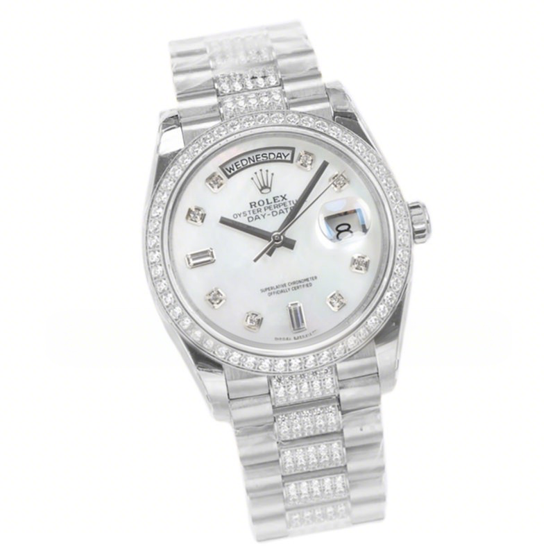 Rolex Day-Date 36 128349RBR MOP Dial with Diamond Bezel in White Gold-fasswatch
