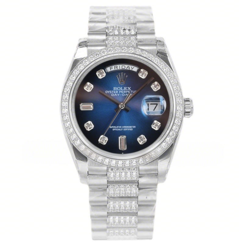 Rolex Day-Date 36 128349RBR Blue Dial with Diamond Bezel in White Gold-fasswatch