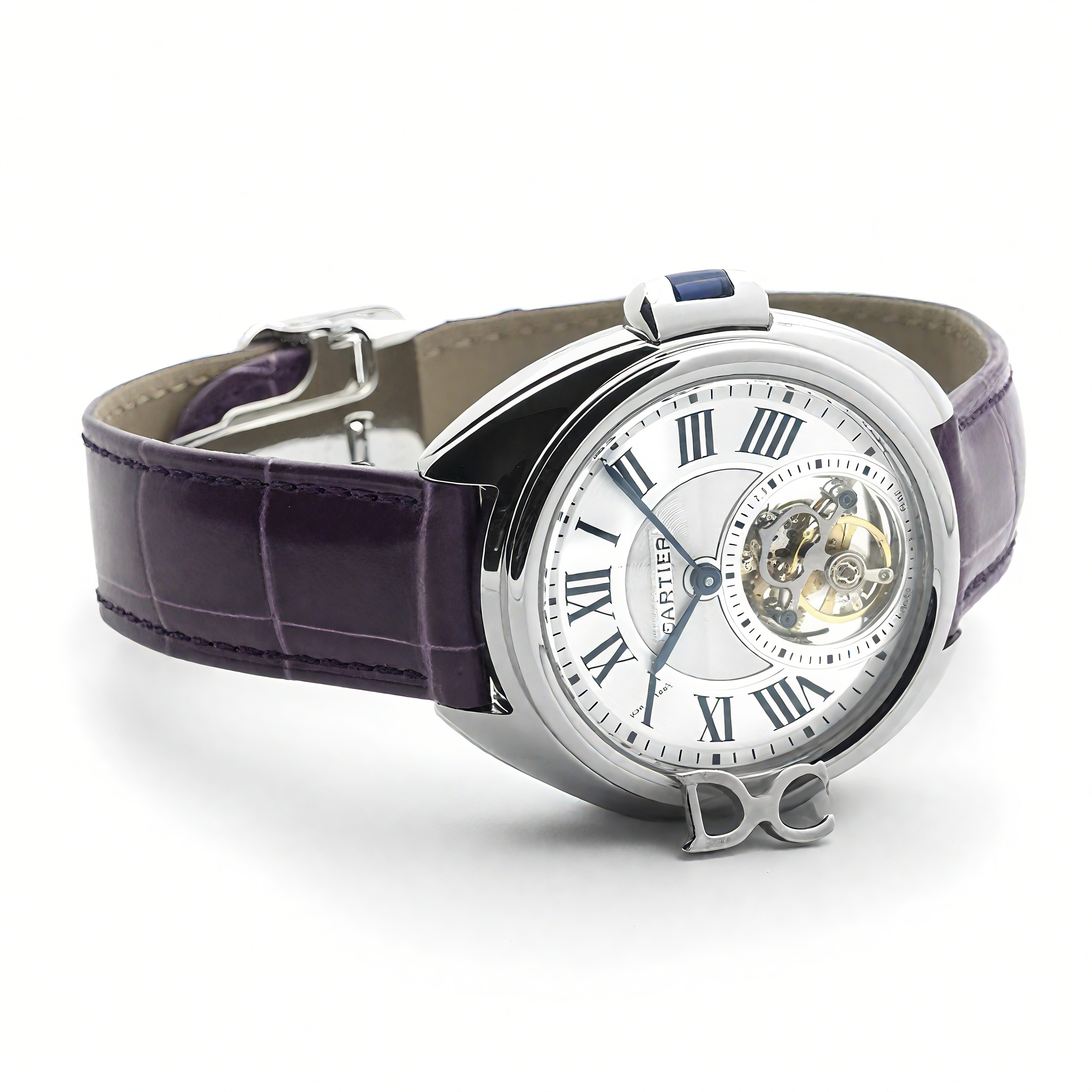 Cle de Cartier Tourbillon White Gold 35mm on Purple Leather Strap-fasswatch