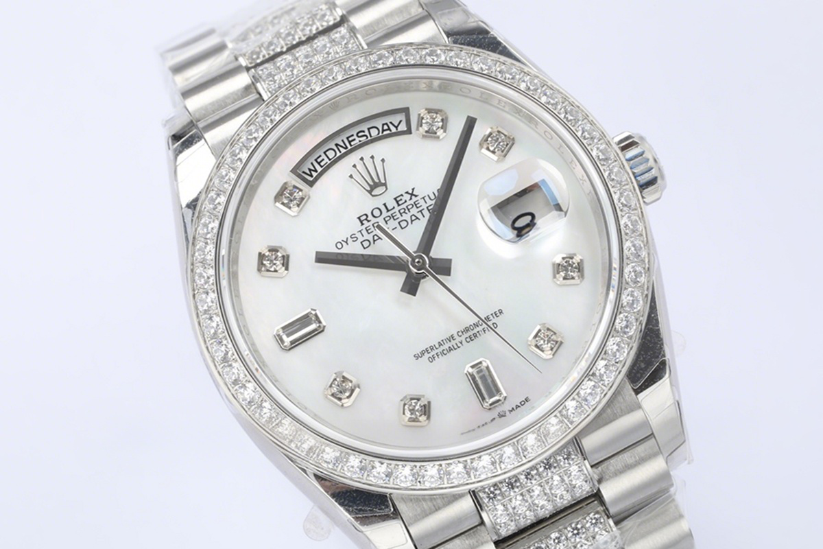 Rolex Day-Date 36 128349RBR MOP Dial with Diamond Bezel in White Gold-fasswatch