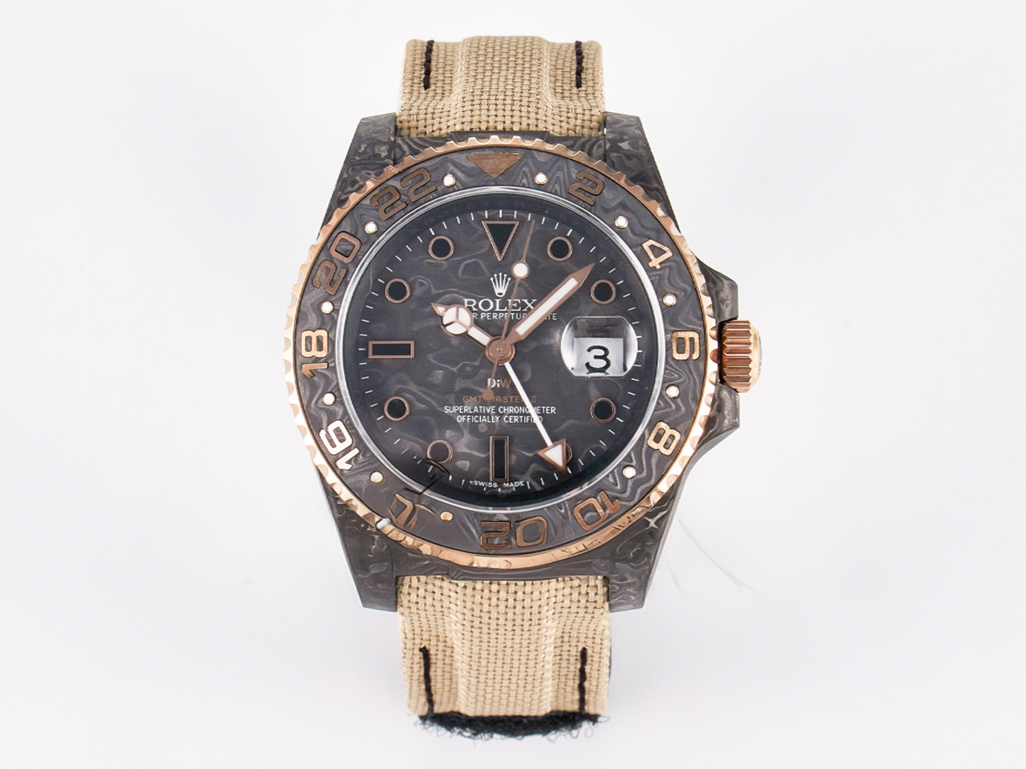 Rolex GMT Carbon DIWF Best Edition Black Carbon Dial RG Markers on Beige Nylon Strap SA3186 CHS-fasswatch