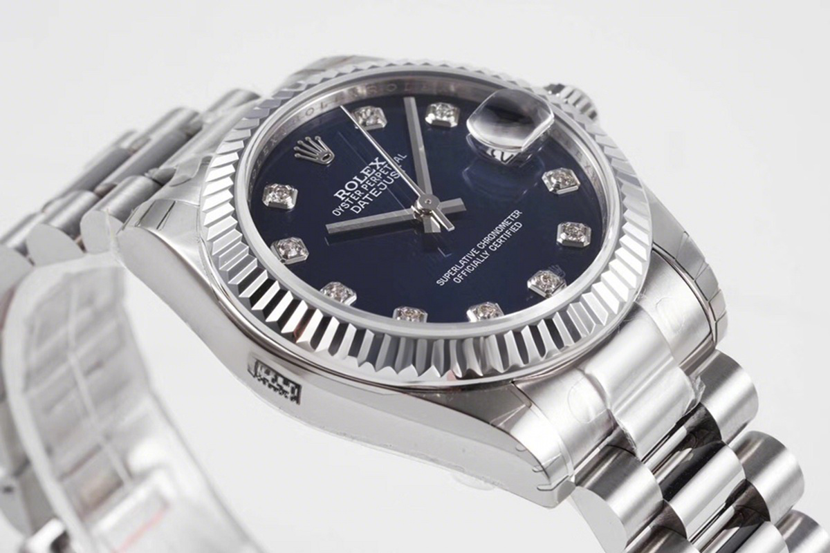 Rolex Datejust 31 Blue Dial Diamond Markers in Steel on President Bracelet-fasswatch