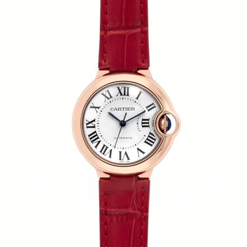 Cartier Ballon Bleu De Cartier 36mm White Dial in Pink Gold on Red Leather Strap-fasswatch