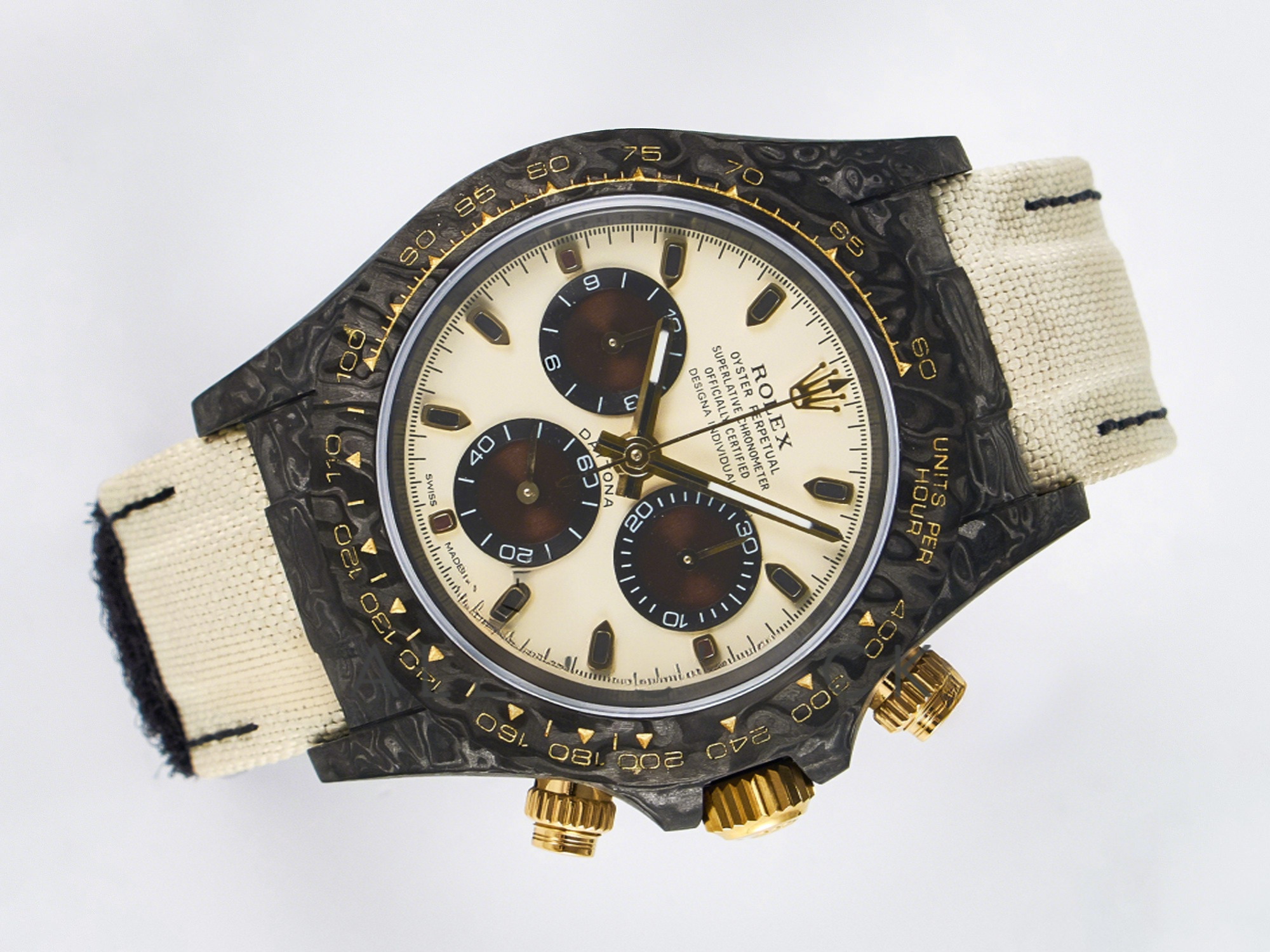 Rolex Daytona DIW Carbon Case DIWF Edition Cream/Brown Dial on White Nylon Strap A7750-fasswatch