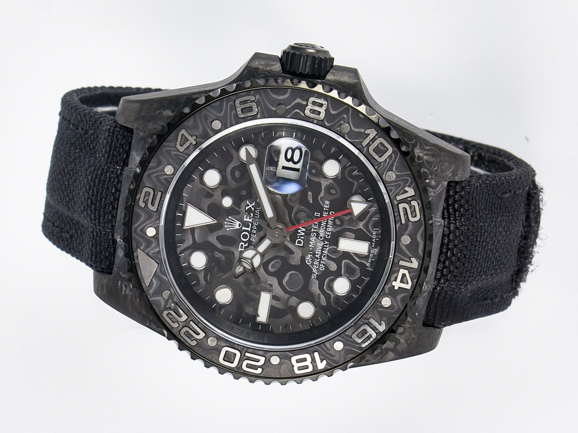 Rolex GMT Carbon DIWF Best Edition Black Carbon Dial SS Markers on Black Nylon Strap SA3285 CHS V2-fasswatch