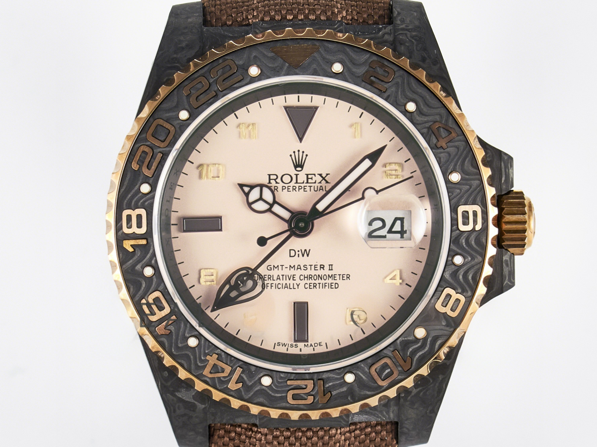 Rolex GMT Carbon DIWF Best Edition Yellow Roman Dial on Brown Nylon Strap SA3285 CHS V2-fasswatch
