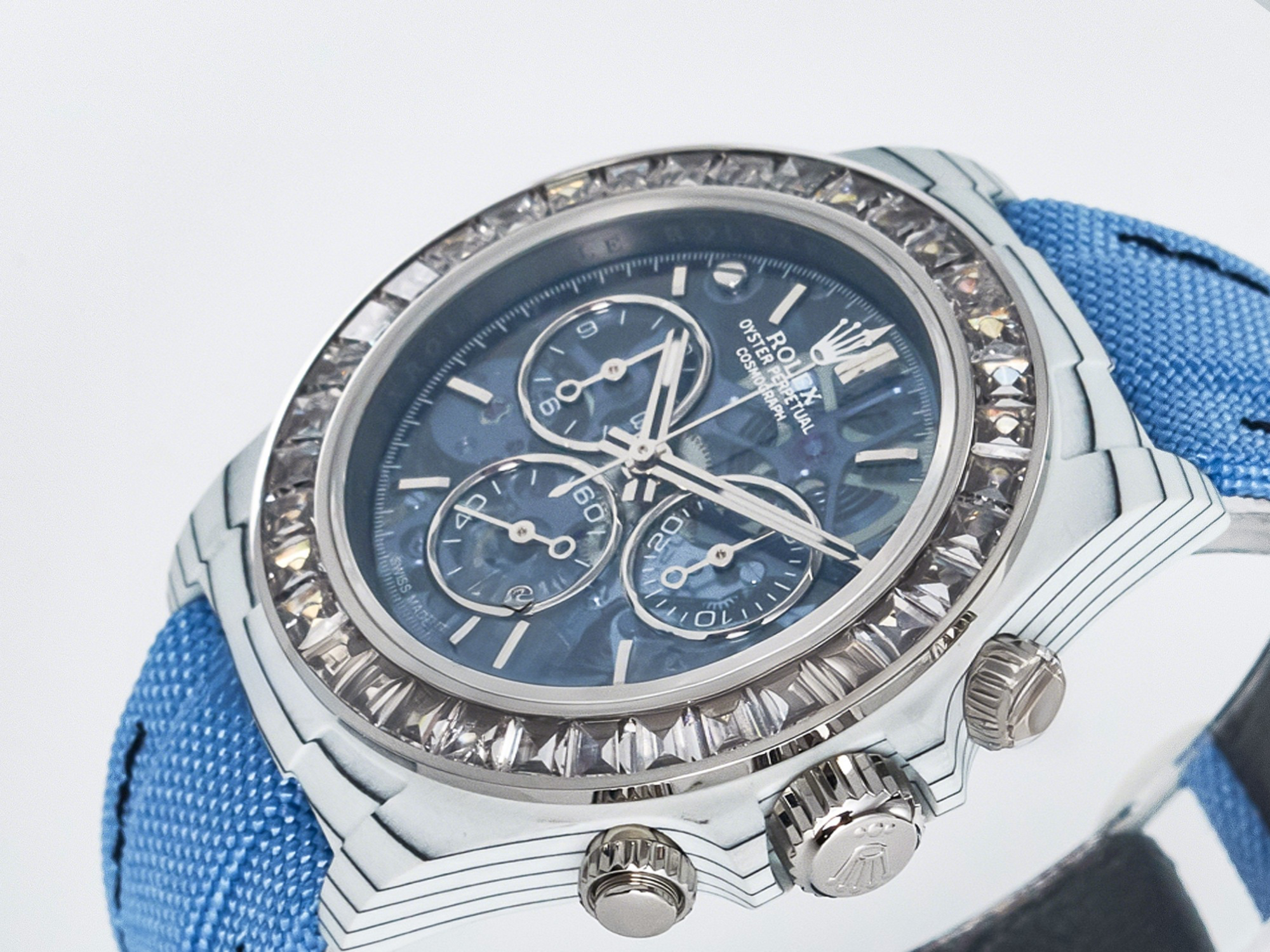 Rolex Daytona ZIF REMOULD White Carbon GETF Best Edition Blue Skeleton Dial Diamonds Bezel on Blue Nylon Strap DD4802-fasswatch