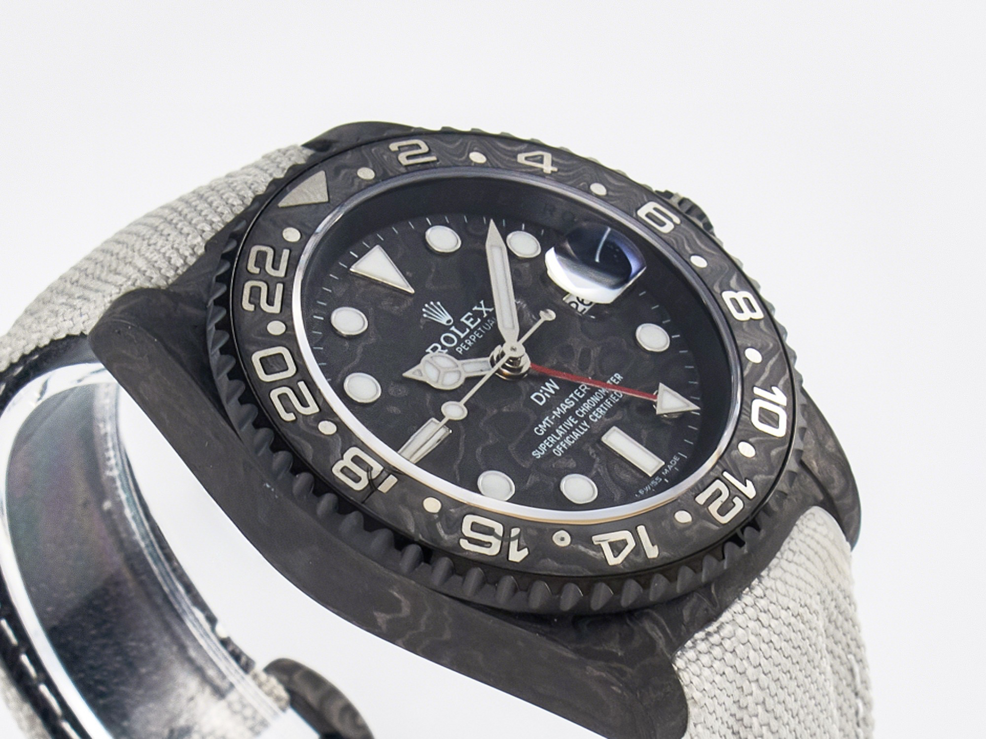 Rolex GMT Carbon DIWF Best Edition Black Carbon Dial SS Markers on White Nylon Strap SA3285 CHS V2-fasswatch